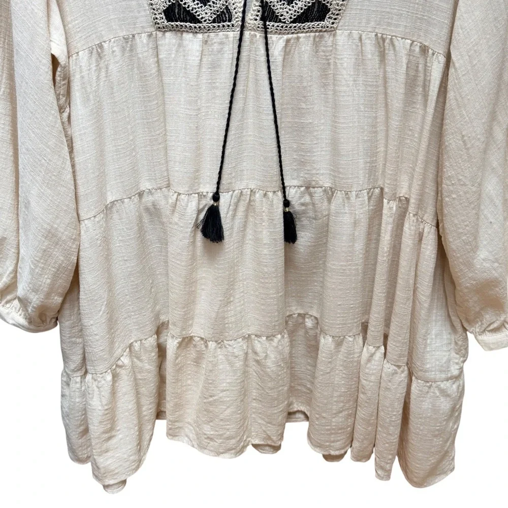 Zara Dress Womens XL Cream Embroidered Tassel Boho Tiered Babydoll Tunic Mini - Picture 5 of 11